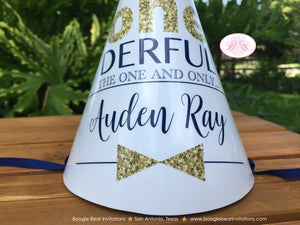 Mr. Wonderful Birthday Party Hat Onederful Boy Little Man Glitter Modern Gold Blue ONE derful Ribbon 1st Boogie Bear Invitations Auden Theme