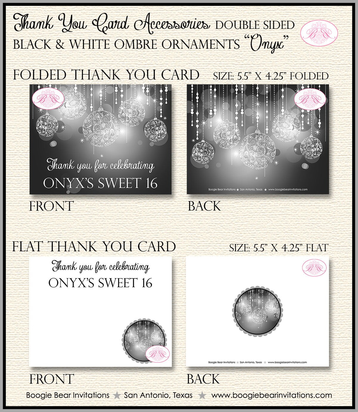 Sweet 16 Party Thank You Cards Black White Glowing Ornaments Birthday Ombre 1st 21st 30th 40th Boogie Bear Invitations Onyx Theme Printed