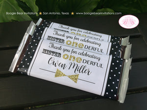 Mr. Wonderful Birthday Party Candy Bar Wraps Wrappers ONE Onederful Sticker Boy Gift Black White Gold 1st Boogie Bear Invitations Owen Theme