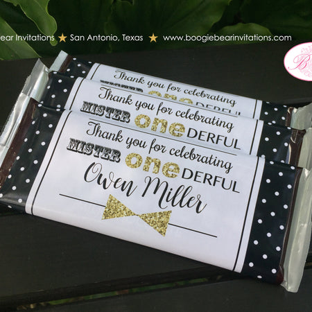 Mr. Wonderful Birthday Party Candy Bar Wraps Wrappers ONE Onederful Sticker Boy Gift Black White Gold 1st Boogie Bear Invitations Owen Theme