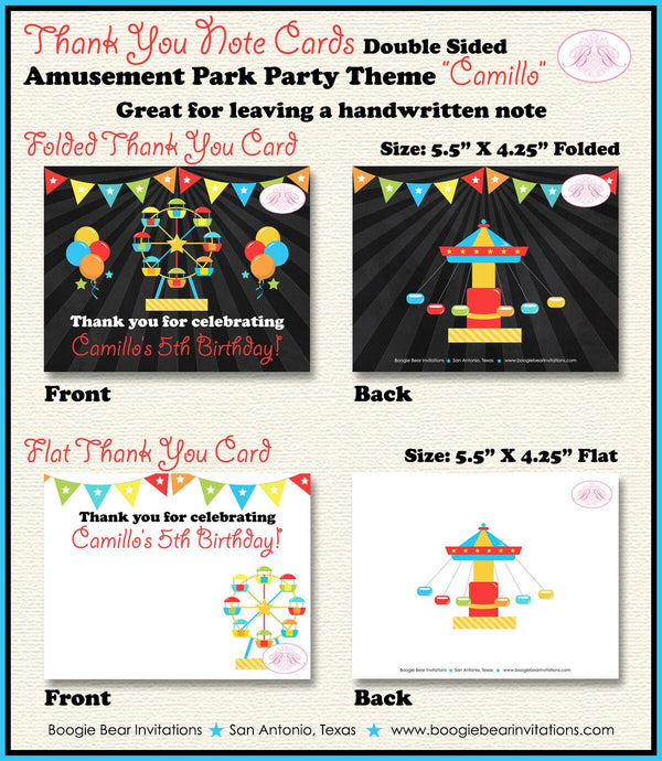 Amusement Park Thank You Card Birthday Party Boy Girl Carnival Ferris Wheel Circus Swing Ride Boogie Bear Invitations Camillo Theme Printed