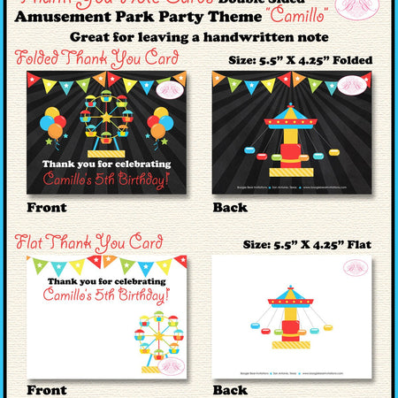 Amusement Park Thank You Card Birthday Party Boy Girl Carnival Ferris Wheel Circus Swing Ride Boogie Bear Invitations Camillo Theme Printed
