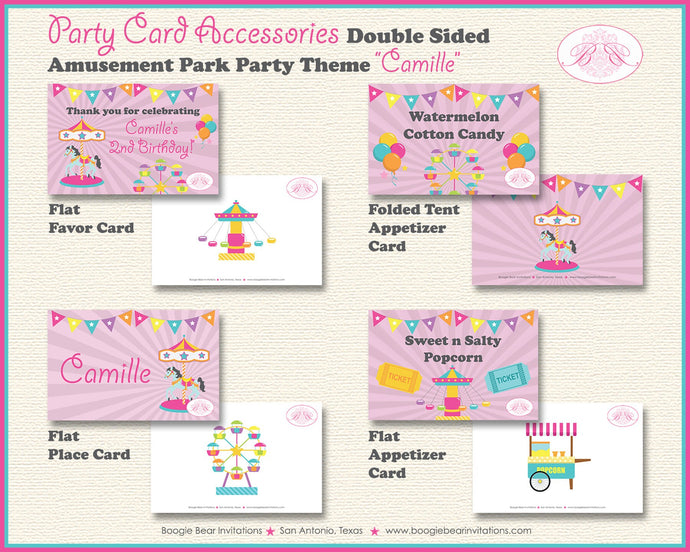 Amusement Park Birthday Party Favor Card Tent Place Appetizer Pink Girl Carnival Ferris Wheel Boogie Bear Invitations Camille Theme Printed
