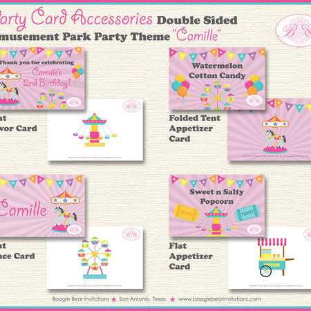 Amusement Park Birthday Party Favor Card Tent Place Appetizer Pink Girl Carnival Ferris Wheel Boogie Bear Invitations Camille Theme Printed