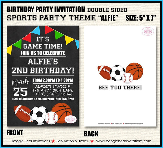 Sports Birthday Party Invitation Girl Boy Chalkboard Ball Play Game Time Kid Boogie Bear Invitations Alfie Theme Paperless Printable Printed