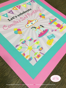 Amusement Park Birthday Party Door Banner Pink Girl Carnival Carousel Horse Ferris Wheel Ride Circus Boogie Bear Invitations Camille Theme