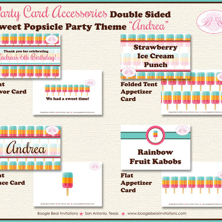 Pink Popsicle Birthday Party Favor Card Tent Place Appetizer Food Girl Sweet Ice Cream Treat Boogie Bear Invitations Andrea Theme Printed