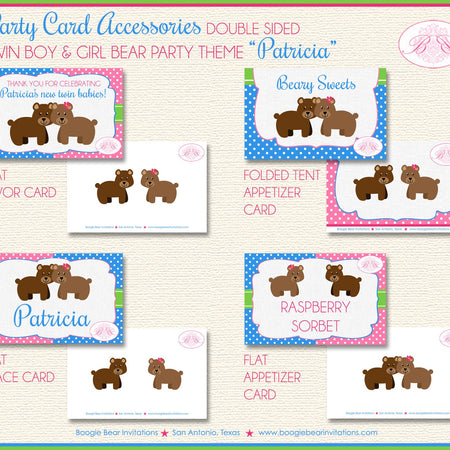 Twin Bear Baby Shower Party Favor Card Tent Place Appetizer Boy Girl Pink Blue Green Brown Boogie Bear Invitations Patricia Theme Printed