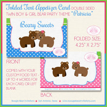 Load image into Gallery viewer, Twin Bear Baby Shower Party Favor Card Tent Place Appetizer Boy Girl Pink Blue Green Brown Boogie Bear Invitations Patricia Theme Printed