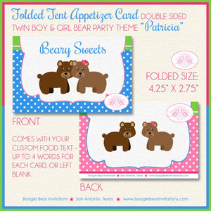Twin Bear Baby Shower Party Favor Card Tent Place Appetizer Boy Girl Pink Blue Green Brown Boogie Bear Invitations Patricia Theme Printed