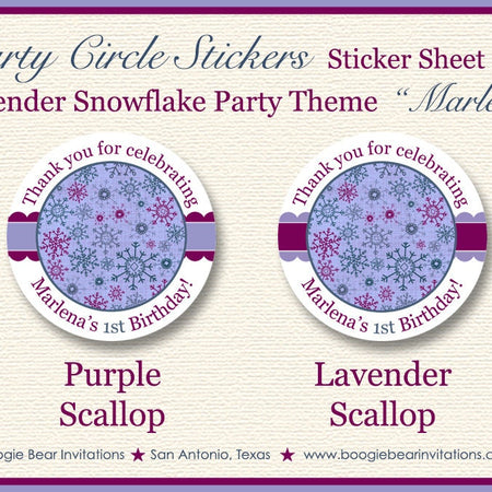 Snowflake Birthday Party Stickers Circle Sheet Round Winter ONEderland Christmas Girl Purple Blue Snow Boogie Bear Invitations Marlena Theme