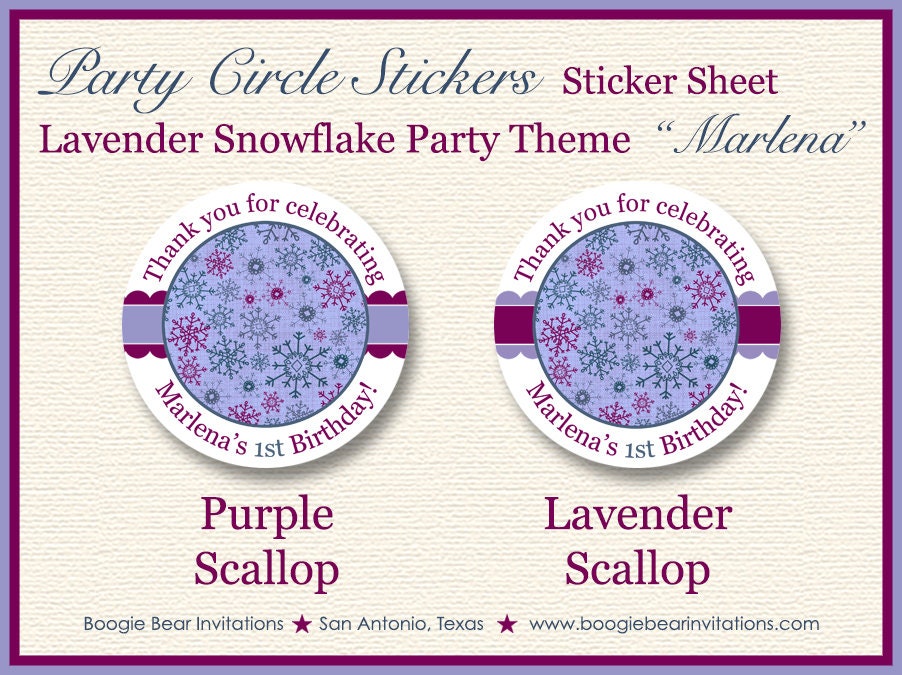 Snowflake Birthday Party Stickers Circle Sheet Round Winter ONEderland Christmas Girl Purple Blue Snow Boogie Bear Invitations Marlena Theme