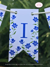 Load image into Gallery viewer, Blue Flowers Party Pennant Cake Banner Topper Birthday Flag Girl Wildflowers Green Bluebonnet Wild Pansies Boogie Bear Invitations Mia Theme