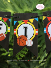 Load image into Gallery viewer, Sports Birthday Party Pennant Cake Banner Topper Flag Boy Girl Chalkboard Baseball Basketballe Football Boogie Bear Invitations Alfie Theme
