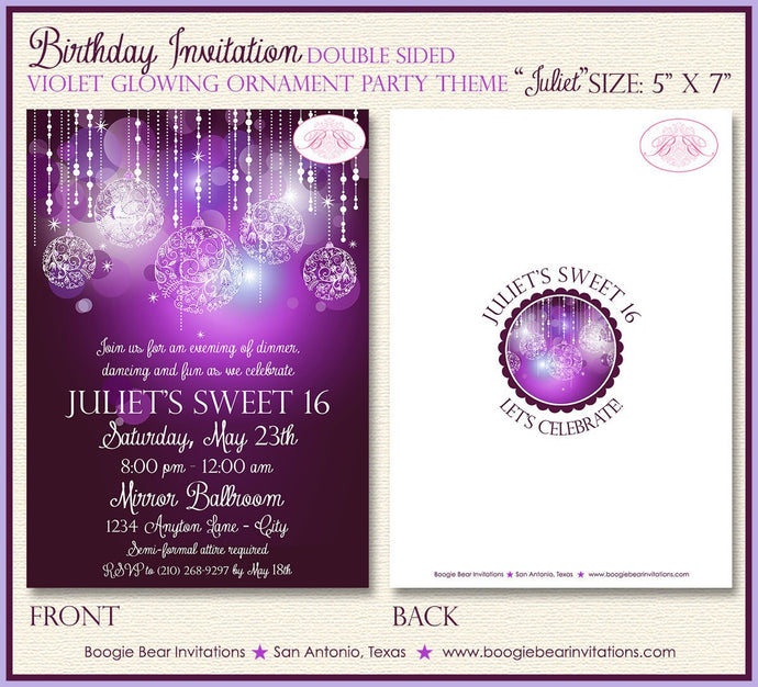 Purple Glowing Ornaments Birthday Party Invitation Violet Plum Formal Ombre Boogie Bear Invitations Juliet Theme Paperless Printable Printed