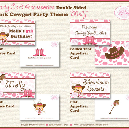 Pink Cowgirl Birthday Party Favor Card Tent Appetizer Place Food Hat Ranch Farm Country Girl Boogie Bear Invitations Molly Theme Printed