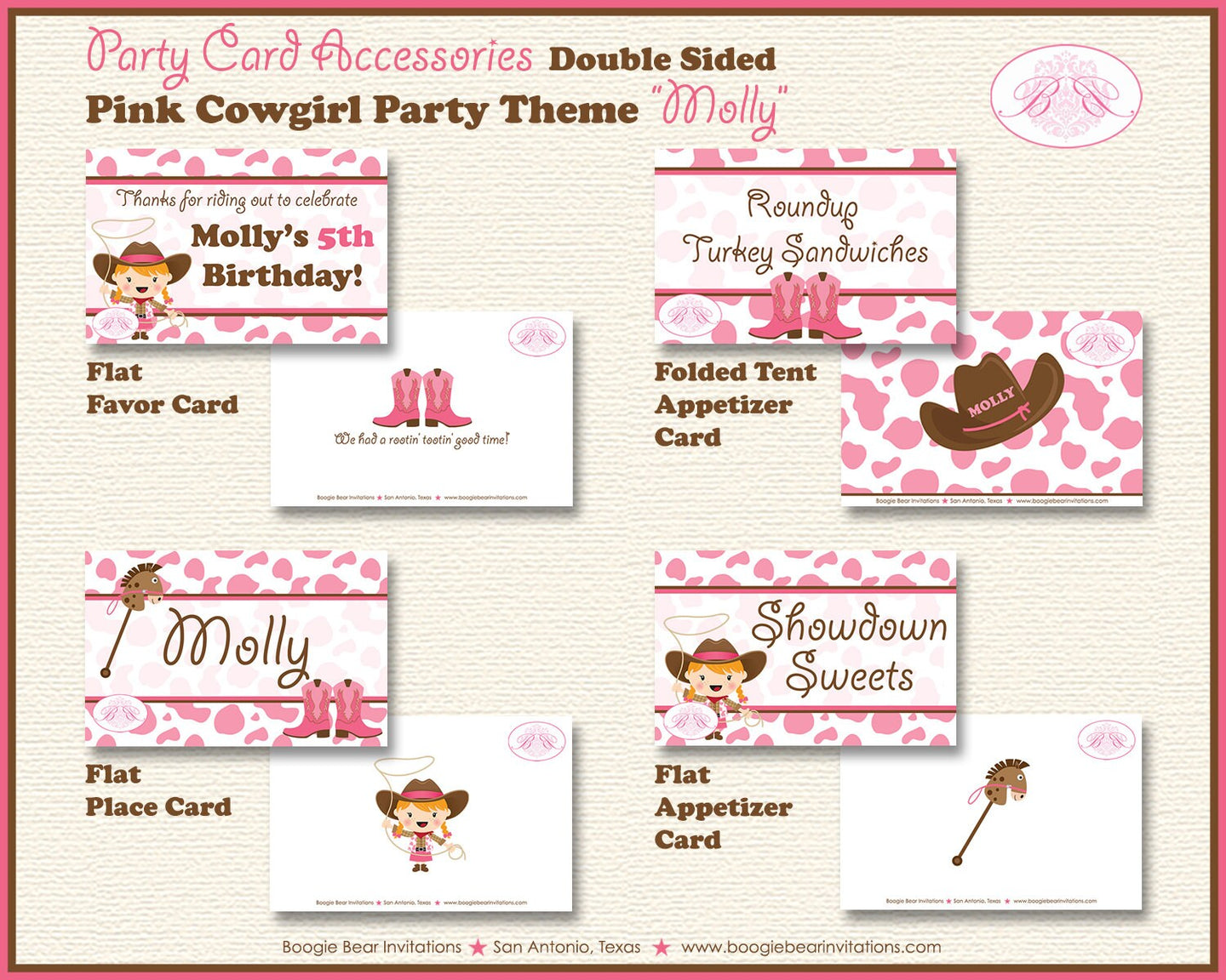 Pink Cowgirl Birthday Party Favor Card Tent Appetizer Place Food Hat Ranch Farm Country Girl Boogie Bear Invitations Molly Theme Printed