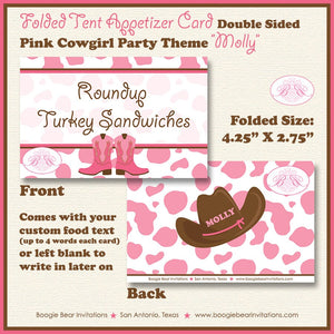 Pink Cowgirl Birthday Party Favor Card Tent Appetizer Place Food Hat Ranch Farm Country Girl Boogie Bear Invitations Molly Theme Printed