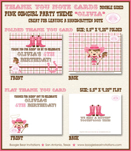 Pink Cowgirl Party Thank You Card Favor Birthday Girl Rodeo Boots Farm Barn Brown Horse Boots Boogie Bear Invitations Olivia Theme Printed
