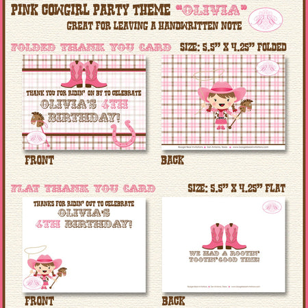 Pink Cowgirl Party Thank You Card Favor Birthday Girl Rodeo Boots Farm Barn Brown Horse Boots Boogie Bear Invitations Olivia Theme Printed