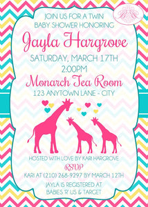 Twin Baby Giraffe Shower Party Invitation Girl Silhouette Pink Yellow Aqua Boogie Bear Invitations Jayla Theme Paperless Printable Printed