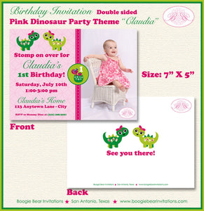 Pink Dinosaur Photo Party Invitation Birthday Girl Lime Green Roar Boogie Bear Invitation Claudia Double Sided Paperless Printable Printed