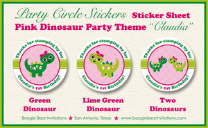Dinosaur Birthday Party Stickers Circle Sheet Pink Girl Green Lime Bow Spot Dot Little Dino Jurassic Boogie Bear Invitations Claudia Theme