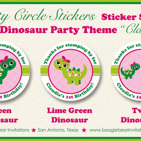 Dinosaur Birthday Party Stickers Circle Sheet Pink Girl Green Lime Bow Spot Dot Little Dino Jurassic Boogie Bear Invitations Claudia Theme