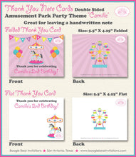 Load image into Gallery viewer, Amusement Park Thank You Card Birthday Party Pink Girl Balloon Circus Ferris Wheel Carousel Boogie Bear Invitations Camille Theme Printed