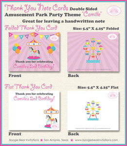 Amusement Park Thank You Card Birthday Party Pink Girl Balloon Circus Ferris Wheel Carousel Boogie Bear Invitations Camille Theme Printed