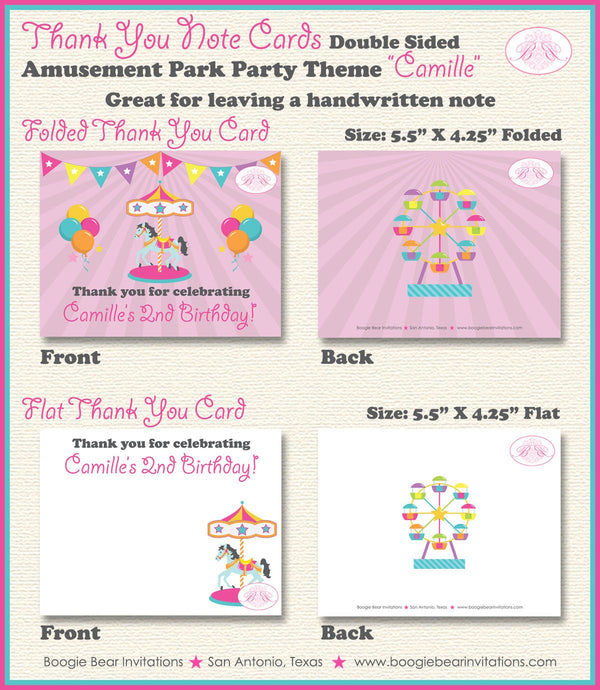 Amusement Park Thank You Card Birthday Party Pink Girl Balloon Circus Ferris Wheel Carousel Boogie Bear Invitations Camille Theme Printed
