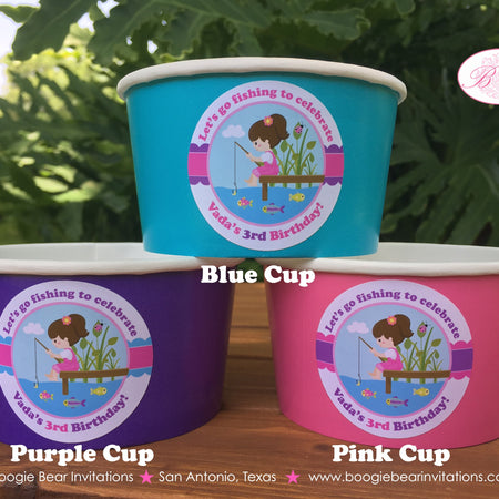 Fishing Girl Birthday Party Treat Cups Candy Buffet Appetizer Food Fish Blue Pink Purple Lake River Dock Boogie Bear Invitations Vada Theme