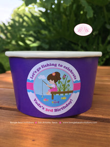 Fishing Girl Birthday Party Treat Cups Candy Buffet Appetizer Food Fish Blue Pink Purple Lake River Dock Boogie Bear Invitations Vada Theme