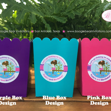 Fishing Girl Birthday Party Popcorn Boxes Mini Food Buffet Fish Blue Pink Purple River Lake Ocean Dock Boogie Bear Invitations Vada Theme