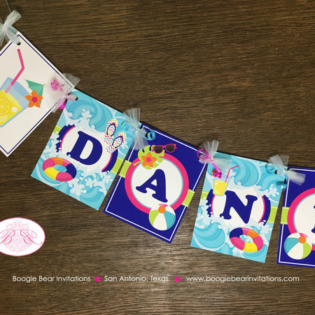Splash Bash Party Name Banner Birthday Pink Girl Swimming Pool Ocean Beach Ball Wave Water Tube Swim Boogie Bear Invitations Danielle Theme