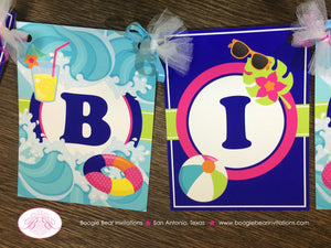 Splash Bash Happy Birthday Banner Party Swimming Pool Girl Pink Water Tube Flip Flop Blue Ocean Wave Boogie Bear Invitations Danielle Theme