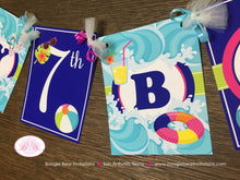 Load image into Gallery viewer, Splash Bash Happy Birthday Banner Party Swimming Pool Girl Pink Water Tube Flip Flop Blue Ocean Wave Boogie Bear Invitations Danielle Theme