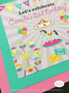 Amusement Park Birthday Party Door Banner Pink Girl Carnival Carousel Horse Ferris Wheel Ride Circus Boogie Bear Invitations Camille Theme
