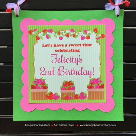 Pink Strawberry Birthday Party Door Banner Red White Green Sweet Girl Berry Picking Fruit Shortcake Boogie Bear Invitations Felicity Theme