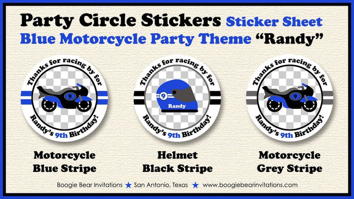 Motorcycle Birthday Party Stickers Circle Sheet Round Blue Black Boy Enduro Motocross Racing Race Track Boogie Bear Invitations Randy Theme