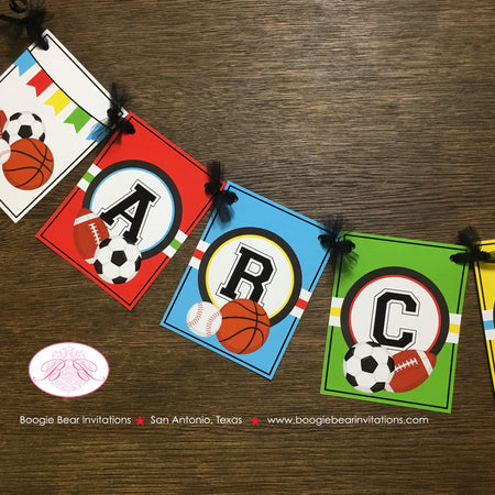 Sports Birthday Name Party Banner Boy Girl Red Yellow Green Blue 1st 2nd 3rd 4th 5th 6th 7th 8th 9th Boogie Bear Invitations Archie Theme