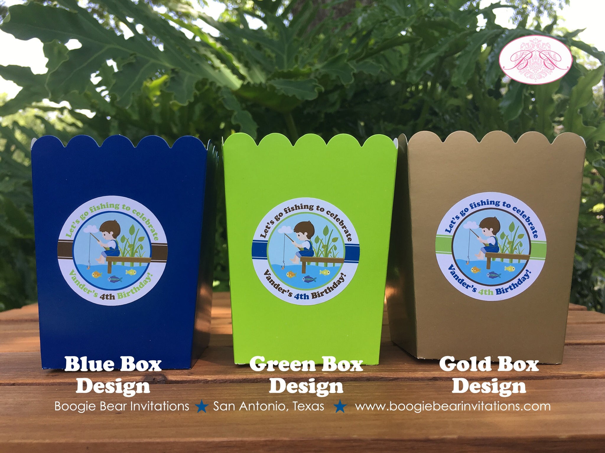 Fishing Boy Birthday Party Popcorn Boxes Mini Food Buffet Fish Blue Gr –  Boogie Bear Invitations