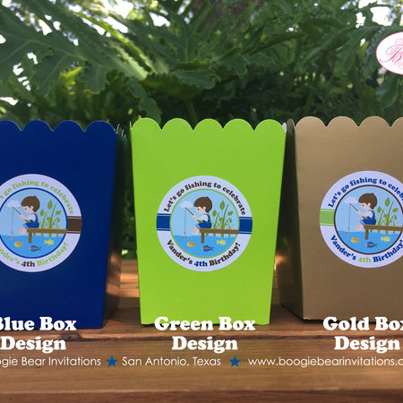 Fishing Boy Birthday Party Popcorn Boxes Mini Food Buffet Fish Blue Green Country Dock Swimming Frog Boogie Bear Invitations Vander Theme