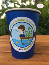 Load image into Gallery viewer, Fishing Boy Birthday Party Beverage Cups Paper Drink Fish Blue Green Brown Country Dock Park Lake Pole Boogie Bear Invitations Vander Theme