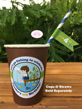 Load image into Gallery viewer, Fishing Boy Birthday Party Beverage Cups Paper Drink Fish Blue Green Brown Country Dock Park Lake Pole Boogie Bear Invitations Vander Theme