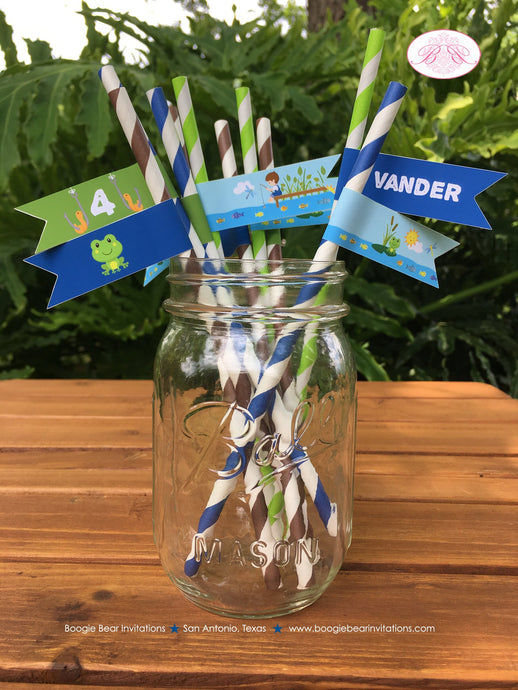 Fishing Boy Birthday Party Paper Pennant Straws Beverage Fish Blue Green Brown Dock River Lake Pole Boogie Bear Invitations Vander Theme