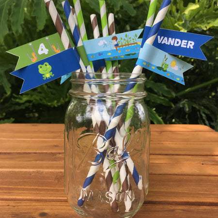Fishing Boy Birthday Party Paper Pennant Straws Beverage Fish Blue Green Brown Dock River Lake Pole Boogie Bear Invitations Vander Theme
