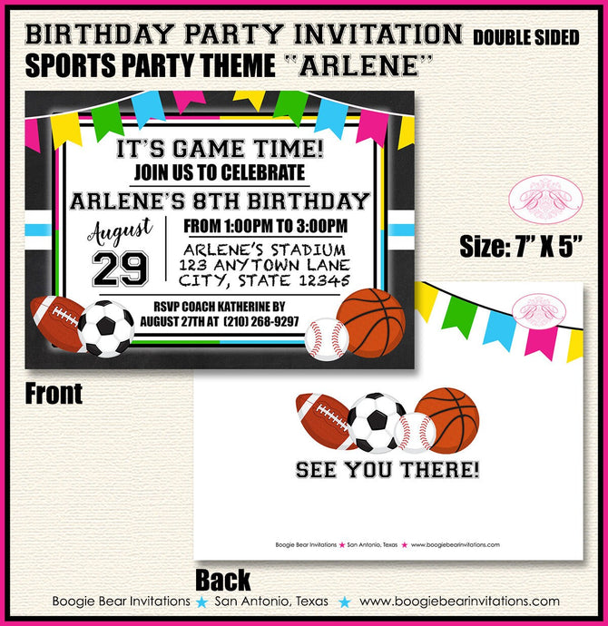 Sports Birthday Party Invitation Chalkboard Game Time Play Ball Girl Pink Boogie Bear Invitations Arlene Theme Paperless Printable Printed