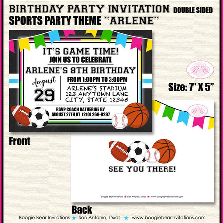 Sports Birthday Party Invitation Chalkboard Game Time Play Ball Girl Pink Boogie Bear Invitations Arlene Theme Paperless Printable Printed