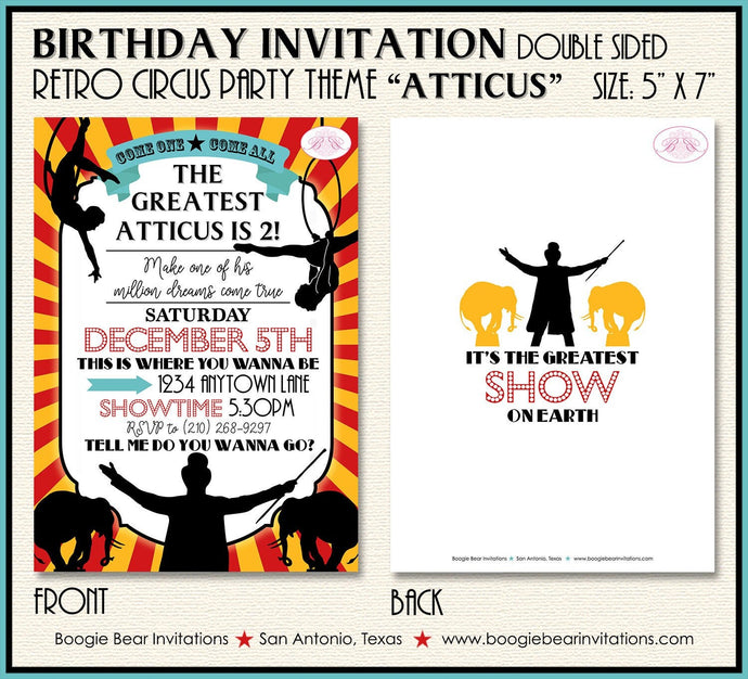 Circus Showman Birthday Party Invitation Animals Boy Girl Greatest Show Boogie Bear Invitations Atticus Theme Paperless Printable Printed